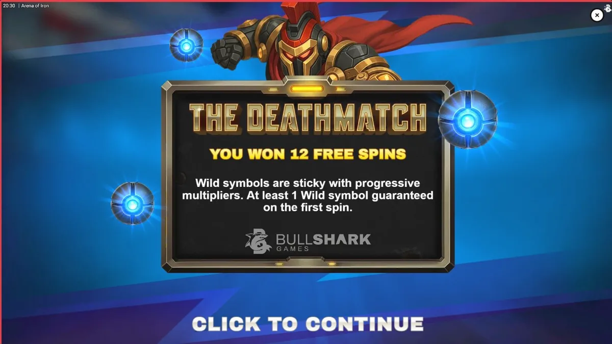 Robot gladiator futuristik di latar belakang arena pertempuran slot Arena of Iron