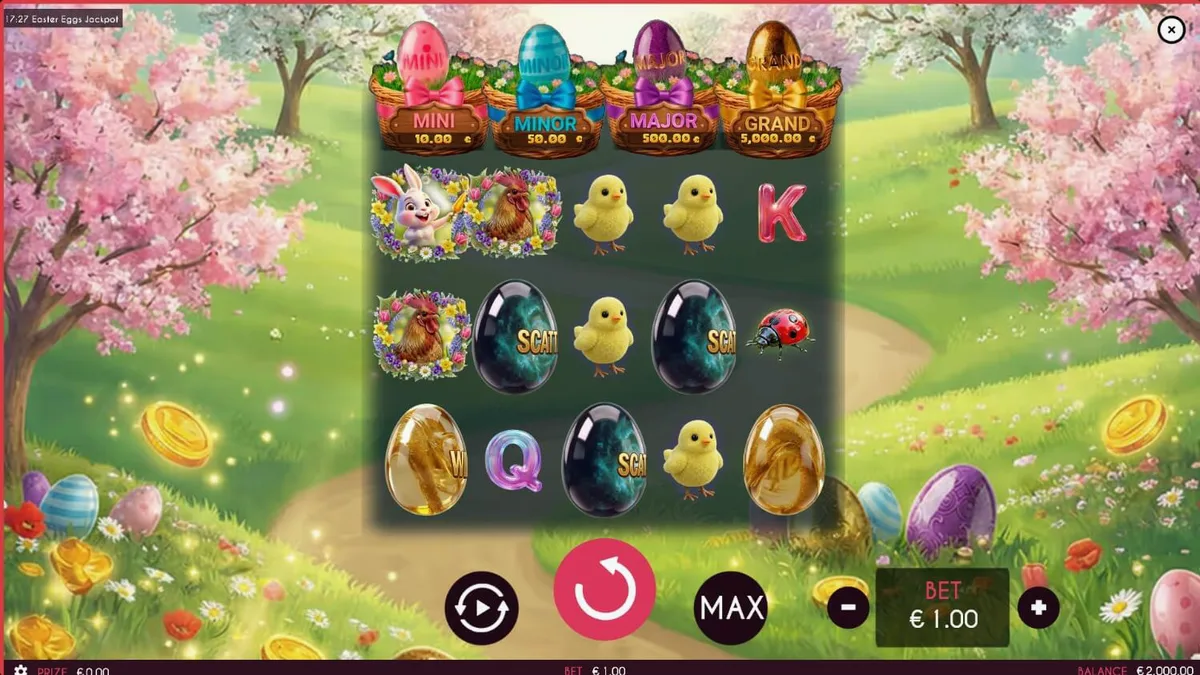 Tampilan visual slot Easter Eggs Jackpot dengan tema musim semi dan telur berwarna-warni