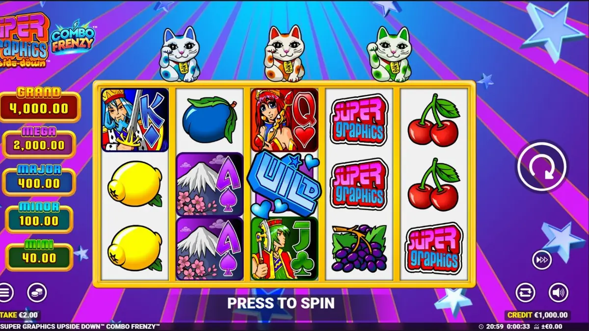 Tampilan visual slot Super Graphics Upside Down dengan karakter kucing keberuntungan dan gaya anime.